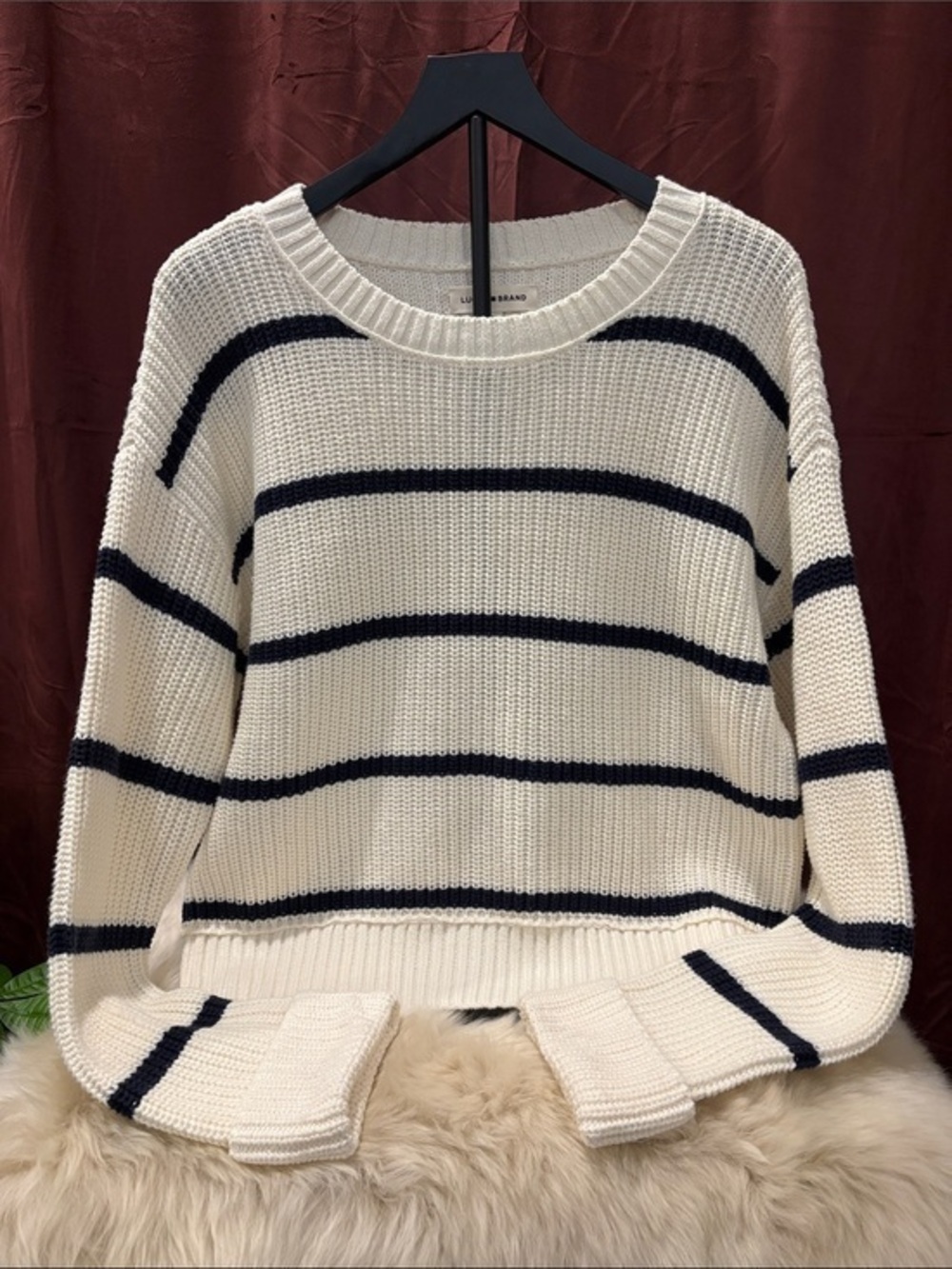 Lucky Brand Cream Crewneck Sweater with Navy Stripes